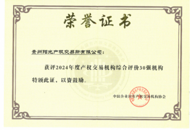 喜訊！貴州陽光產(chǎn)權(quán)交易所獲得2024年度全國產(chǎn)權(quán)交易機構(gòu)2項30強榮譽